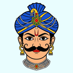 Traditional portrait of a Rajasthani man in a royal turban illustration.