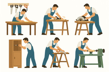 Fototapeta premium Flat Vector Illustration of Carpenters at Work in Woodworking Scenes