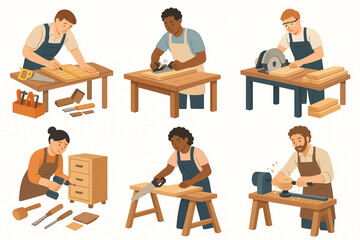 Fototapeta premium Flat Vector Illustration Set of Carpentry and Woodworking Scenes with Diverse Workers