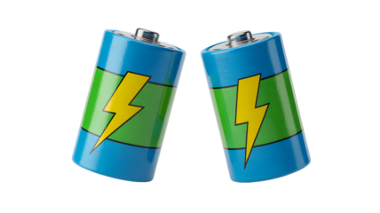Two batteries with a lightning bolt design on a black background in a studio setting image
