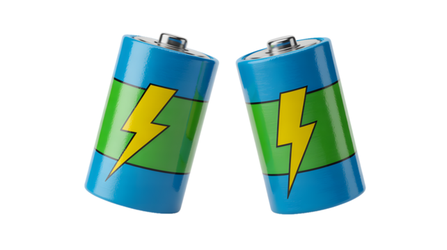 Two batteries with a lightning bolt design on a black background in a studio setting image