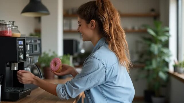 Happy male office worker with pink sprinkled donut enjoying coffee break in contemporary office kitchen area

