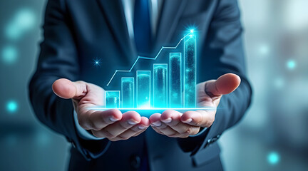 Businessman holds glowing digital financial growth chart in hands