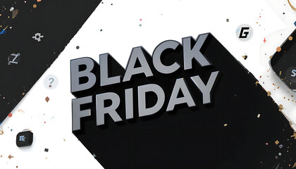 Bold 3d black friday lettering against a stark black and white background with abstract graphic elements and subtle texture