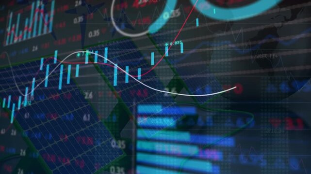 Animation of trading board, multiple graphs, globe over solar panels