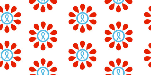 world diabetes day seamless pattern with abstract blood drop flowers and blue awareness ribbon on a white background