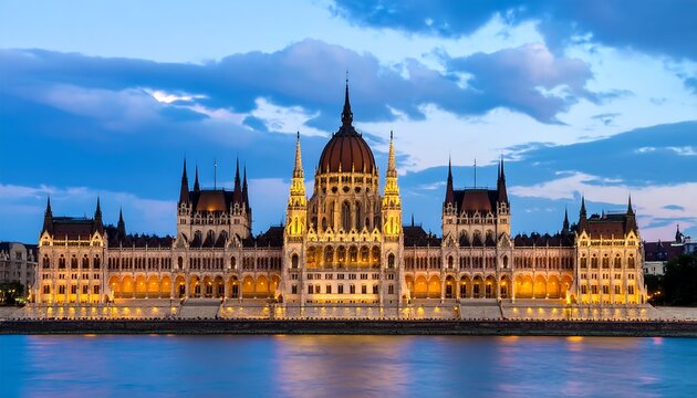 The magnificent Hungarian Parliament Building illuminated at twilight, showcasing its elaborate architecture along the riverbank. - Powered by Adobe