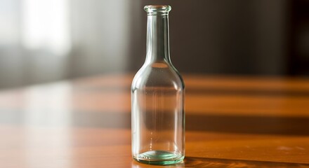 Elegant transparent glass bottle composition set on a wooden surface