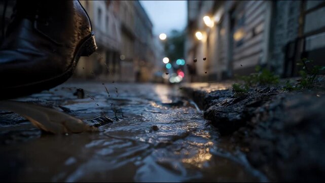 Man in leather shoes stepping into a puddle on wet street with water splashing under evening streetlights