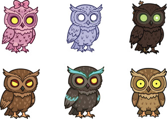 PrintSet of cartoon Halloween owls with spooky glowing eyes, detailed feathers, and cute designs for decorations, prints, and vector use.