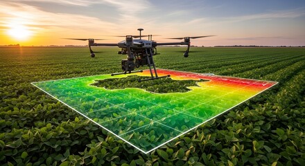 Futuristic Drone Technology Mapping a Vibrant Agricultural Field at Sunset