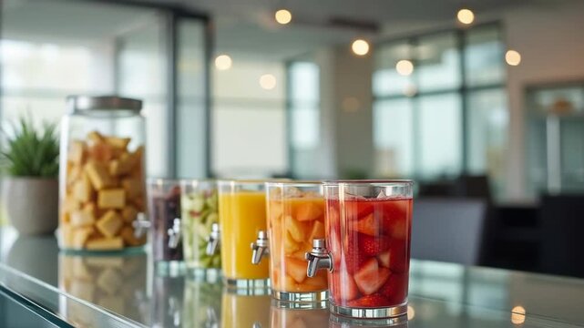 Sleek glass break room table featuring vibrant snack containers and variety of beverages for office employees

