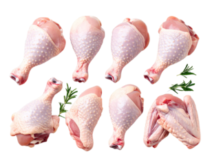 Raw Chicken Drumsticks and Wings Isolated on Transparent Background
