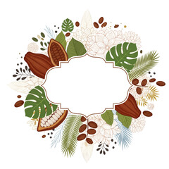 Vector Illustration of Vegan Chocolate Wrapper Design with Cacao Pods, Beans, and Tropical Leaves
