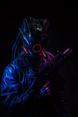 Cybernetic armored warrior in leather jacket with glowing helmet