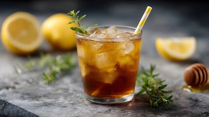 Iced honey lemon tea with fresh herbs and straw