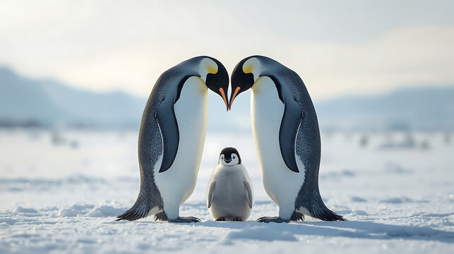 Emperor Penguin Parents with Chick in Snowy Antarctic Landscape Showing Tender Family Bond - Powered by Adobe