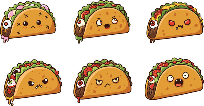 PrintSpooky Kawaii Taco Vector Set with Angry and Scared Faces, Halloween Food Characters for Funny Scary Snack Illustration Designs - Powered by Adobe