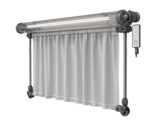 A modern, light-filtering window covering system.  A light gray fabric curtain is mounted within a clear acrylic or plastic frame.  A fluorescent light bar runs along the top.