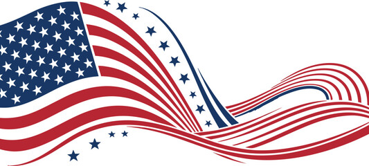 Abstract american flag waves flowing dynamic red blue white stars patriotism banner background vector