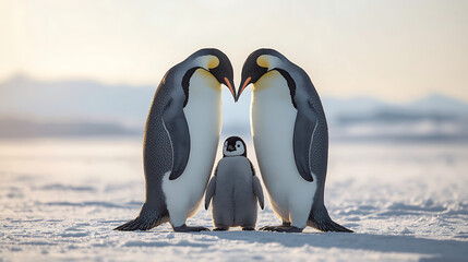 Obraz premium Emperor Penguin Parents with Chick in Snowy Antarctic Landscape Showing Tender Family Bond