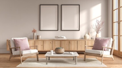 Minimalist Living Room with Wooden Sideboard and Armchairs in Bright Natural Light