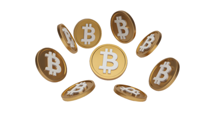 A collection of golden bitcoin coins floating in a circular arrangement on a black background
