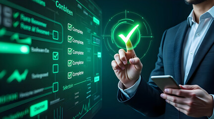 Businessman interacting with futuristic green technology data interface