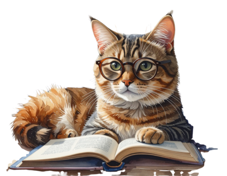  Watercolor Illustration of Cat with Glasses Reading a Classic Novel