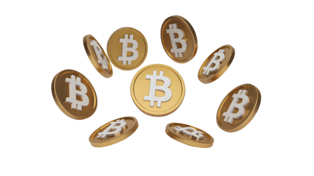 A collection of golden bitcoin coins floating in a circular arrangement on a black background