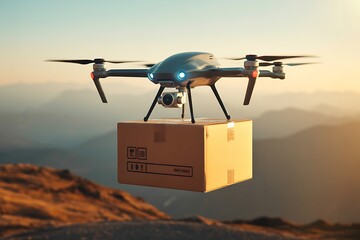 Drone delivering a cardboard package in a mountainous landscape at sunset delivery flying