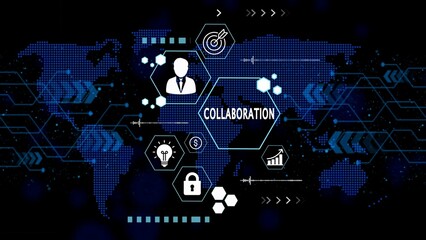 Global business collaboration network with icons for success and security technology