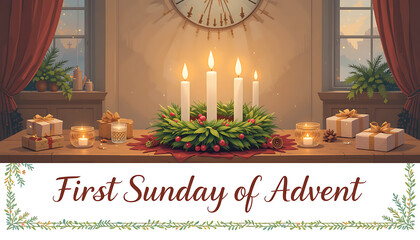 First sunday of advent celebration with a lit advent wreath candles gifts and festive decorations creating a warm and inviting holiday atmosphere