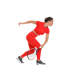 Woman with racket playing tennis on white background