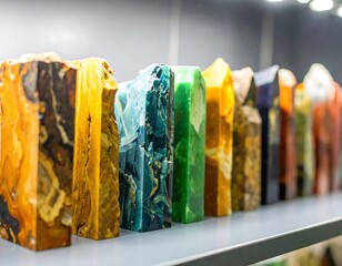 Colorful polished stone blocks arranged on a shelf