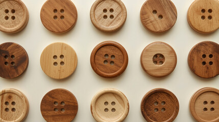 Obraz premium Collection of Stylish Wooden Buttons; Natural Tones, Flat Lay, Craft Supplies.