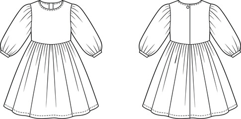 Long Sleeve Girls Dress Technical Fashion Flat Sketch with Back Button Closure and Gathered Skirt – Vector Template for Sewing Pattern Design
