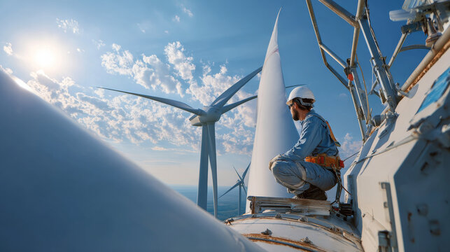 Engineer performing work on a wind turbine as part of renewable energy operations