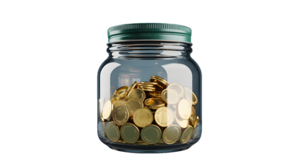 A clear glass jar filled with gold coins and a green lid on a black background in studio lighting