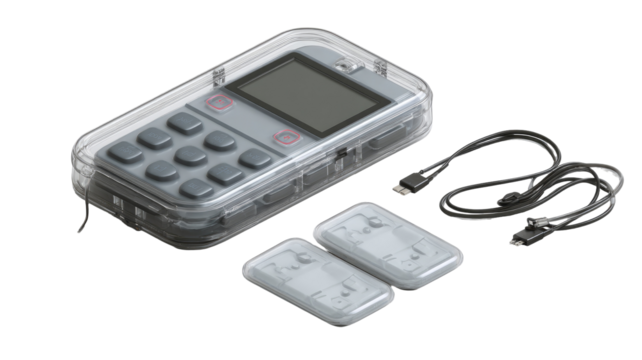 Gray portable device in clear plastic case with buttons, display, and remote controls