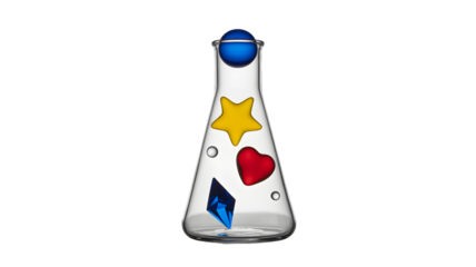 A clear glass flask filled with a yellow star a red heart and a blue diamond on a black background