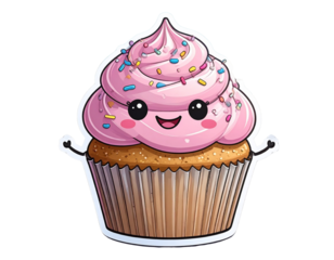 Cartoon Cupcake with Happy Face, Cute Illustration PNG