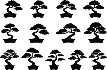 Naklejka premium Set of 15 Black Bonsai Tree Silhouettes in Pots, Vector Clipart for Japanese Garden, Minimalist Nature Design, Zen Art, and Home Decor