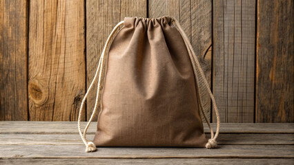 Beige canvas drawstring pouch with natural rope ties sitting on rustic wooden planks, eco-friendly sustainable packaging material design.