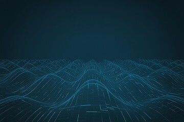 Abstract blue digital landscape with glowing wireframe waves and grid pattern image photo