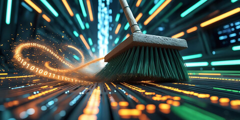 A broom sweeping away digital data on a glowing circuit board with binary code and neon lights around