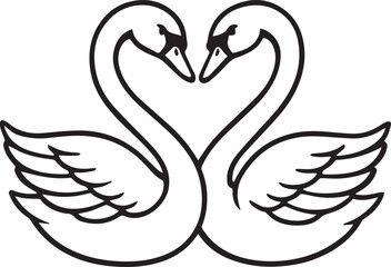 Swan Love: Two graceful swans intertwine their necks in a heart shape, a timeless symbol of love and unity. This elegant black and white illustration beautifully captures their connection. © DesignINKZ