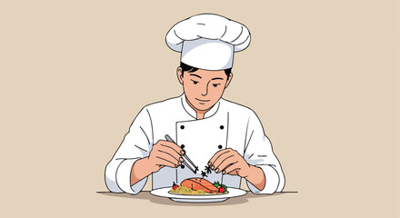 Chef Garnishing Salmon Plate in Restaurant