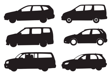 Fototapeta premium Silhouettes of various car types including station wagon, hatchback, minivan, and estate car.