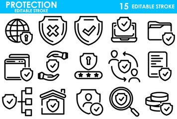 Set of protection and security outline icons with shield, laptop, folder, user, home, password, and global safety. Perfect for cybersecurity, data privacy, and secure communication apps.
